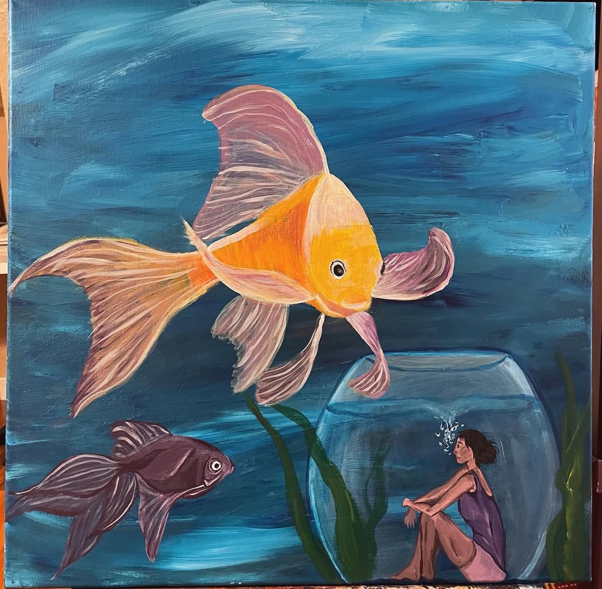 Acrylic painting of goldfish and a girl inside a fishbowl