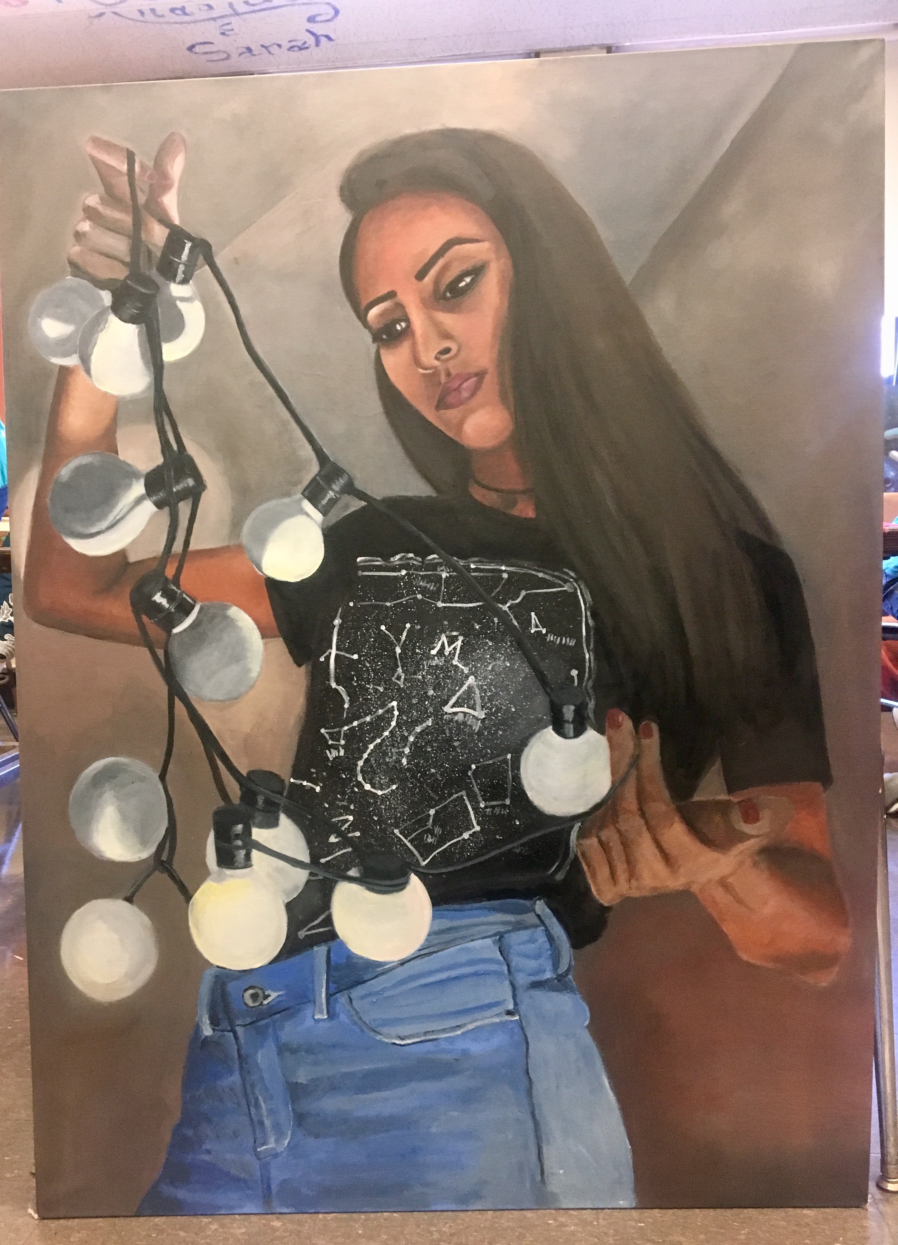 Portrait painting of a woman holding string lights