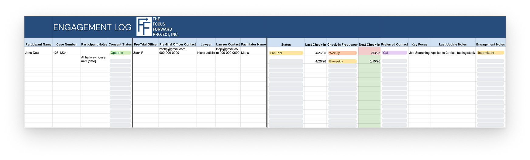 Engagement Log spreadsheet