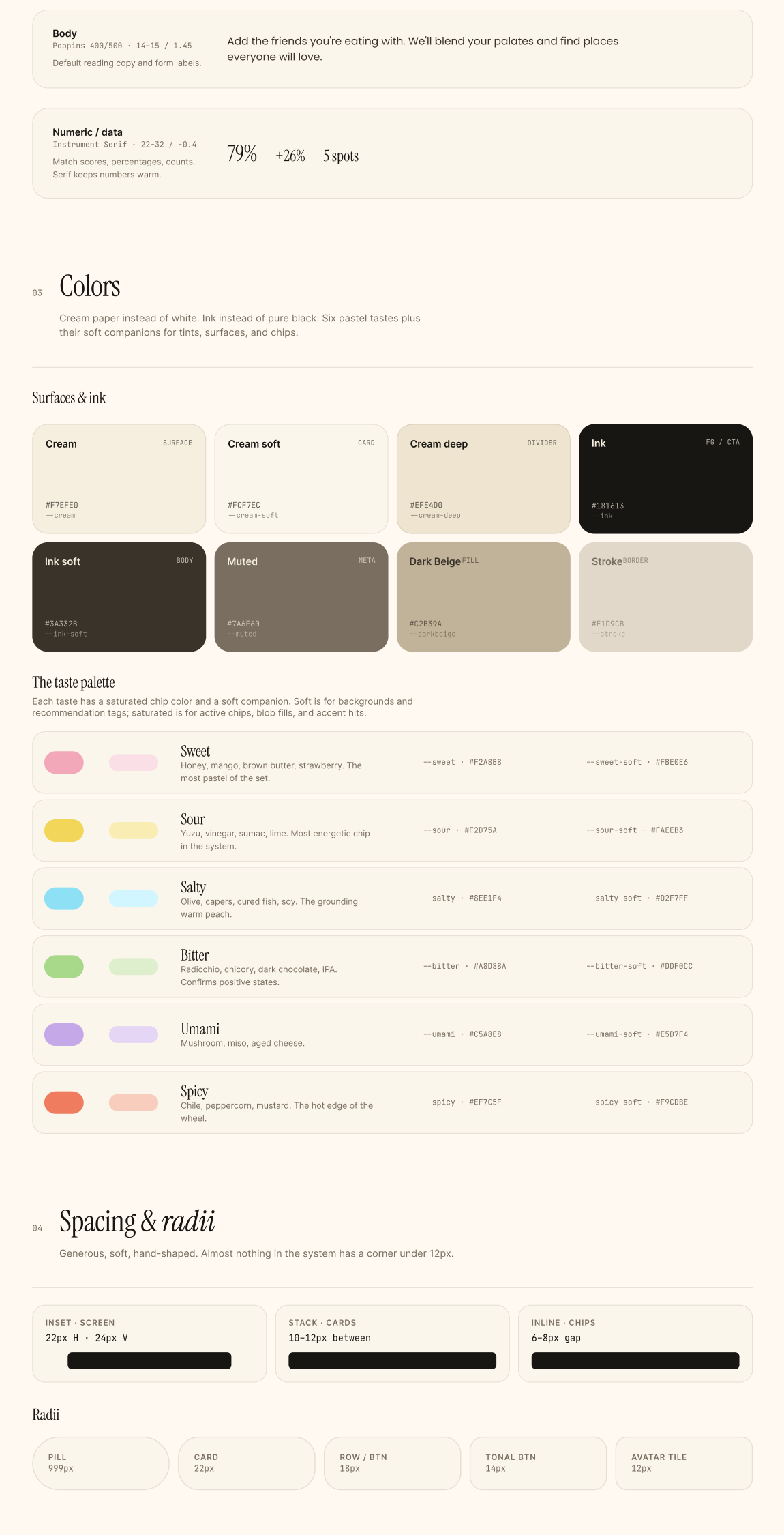 Taste Buds design system: colors, typography, and taste palette