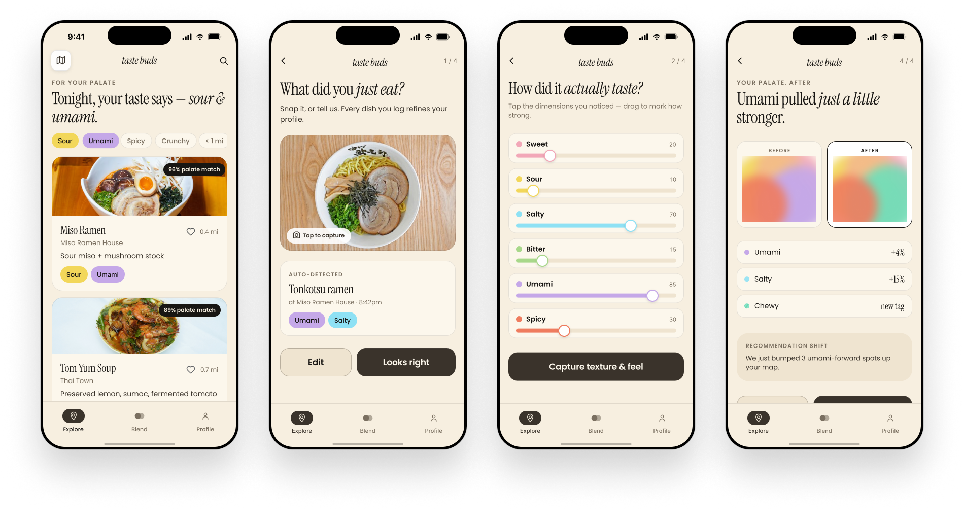 Explore flow: palate-matched dishes and logging a meal
