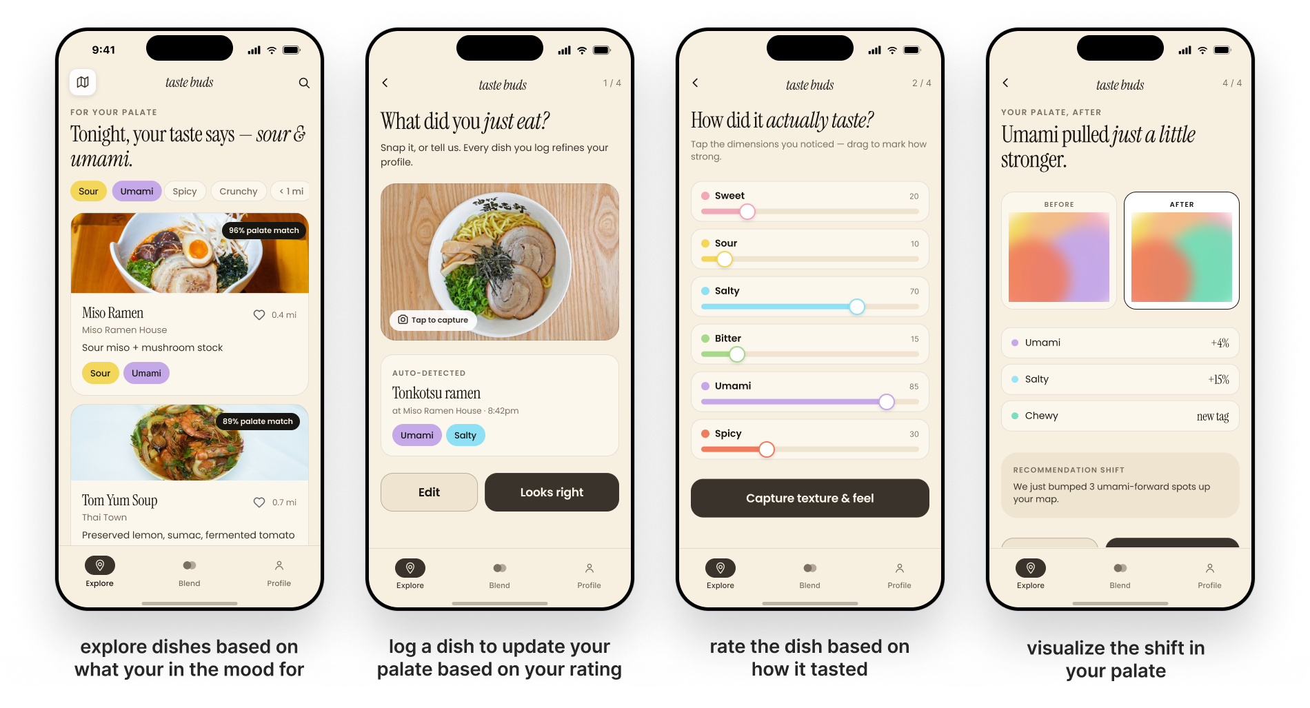 Explore flow: palate-matched dishes and logging a meal