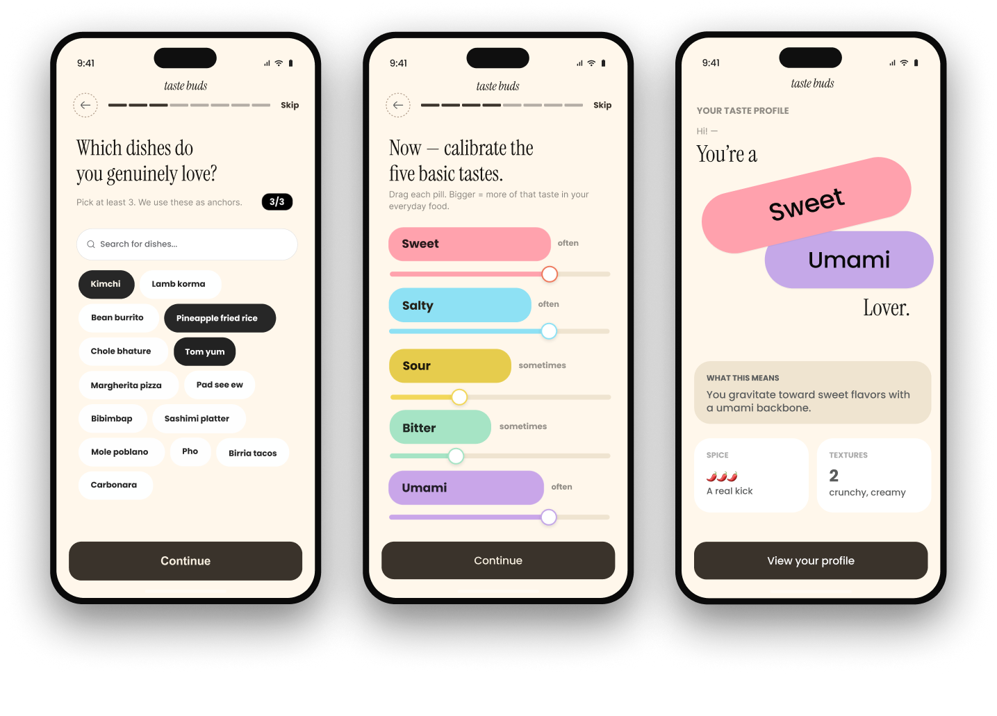 Onboarding flow: pick dishes, calibrate tastes, get your profile