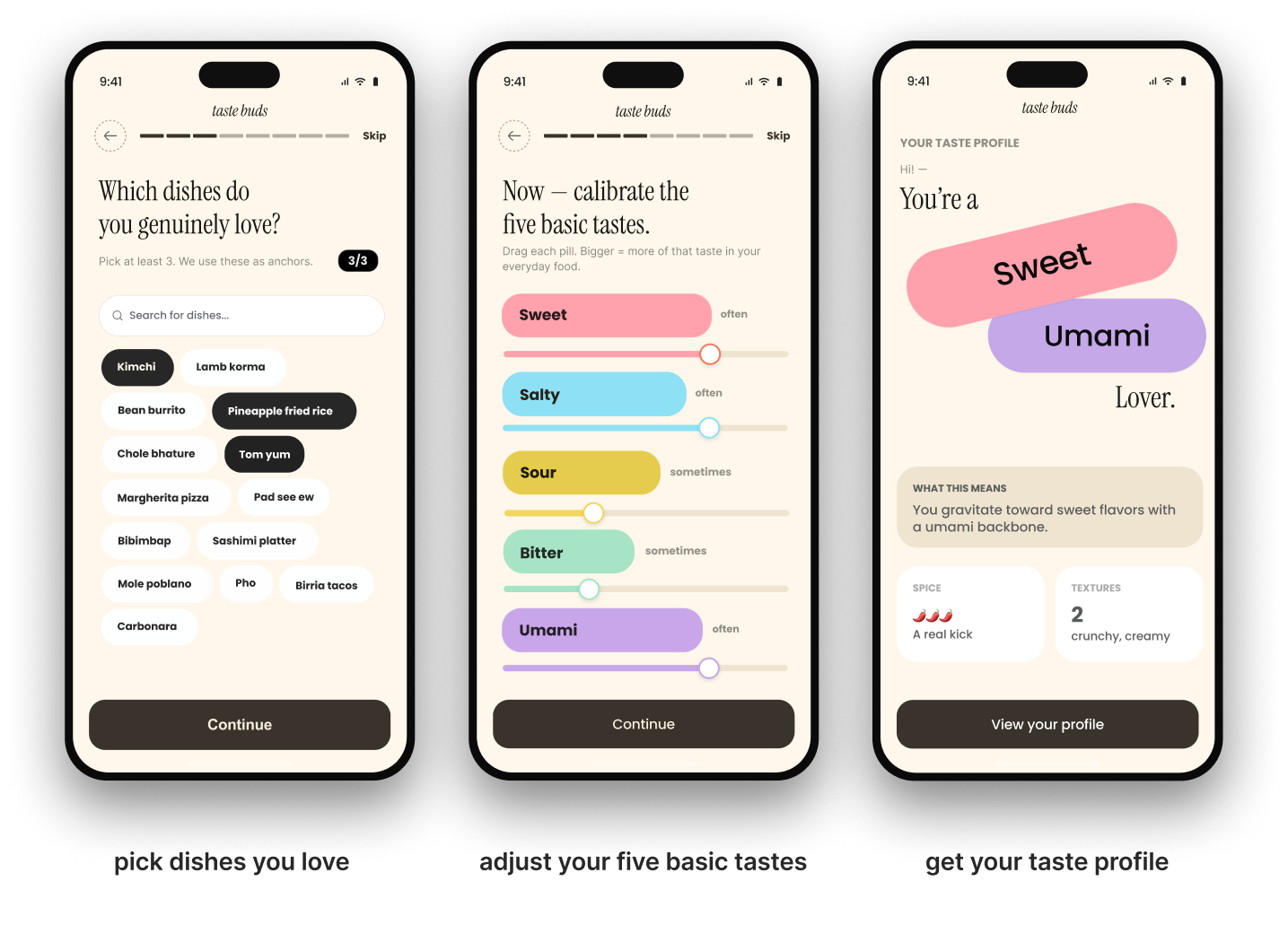 Onboarding flow: pick dishes, calibrate tastes, get your profile